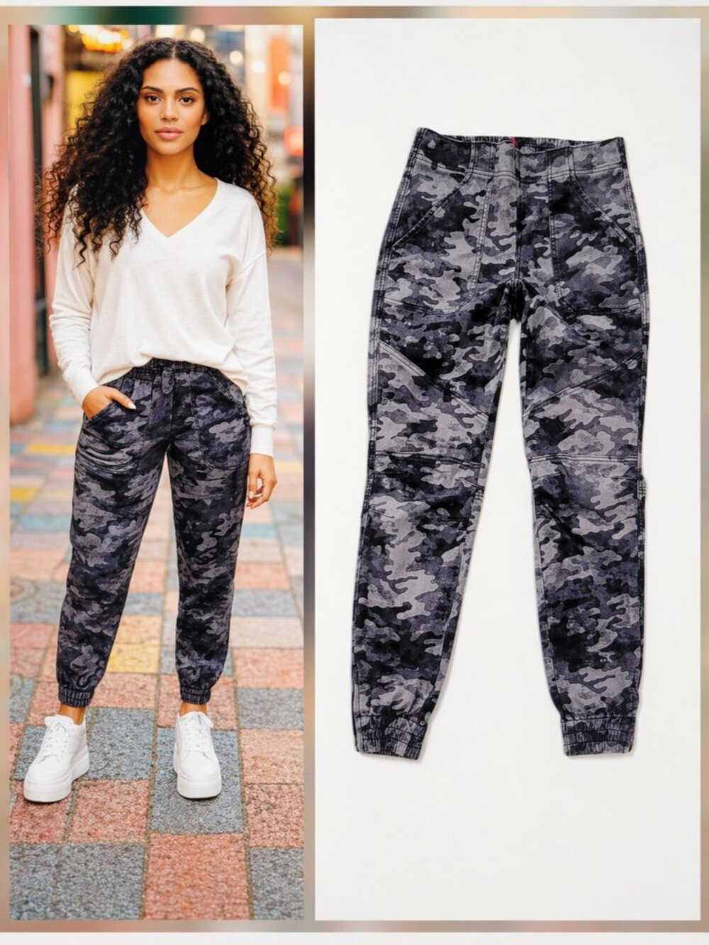 Spanx Stretch Twill Camo Jogger With Zippered Ankle Hems Black and Gray Like New